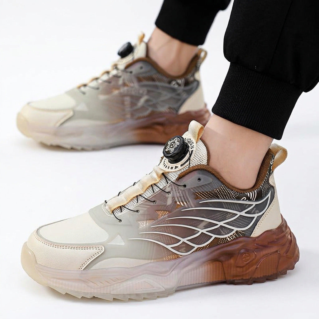 Beige and brown color scheme on men's board shoes.