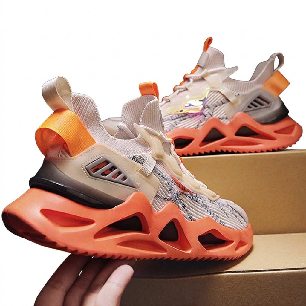 Men's color-blocking walking shoes styled outdoors.
