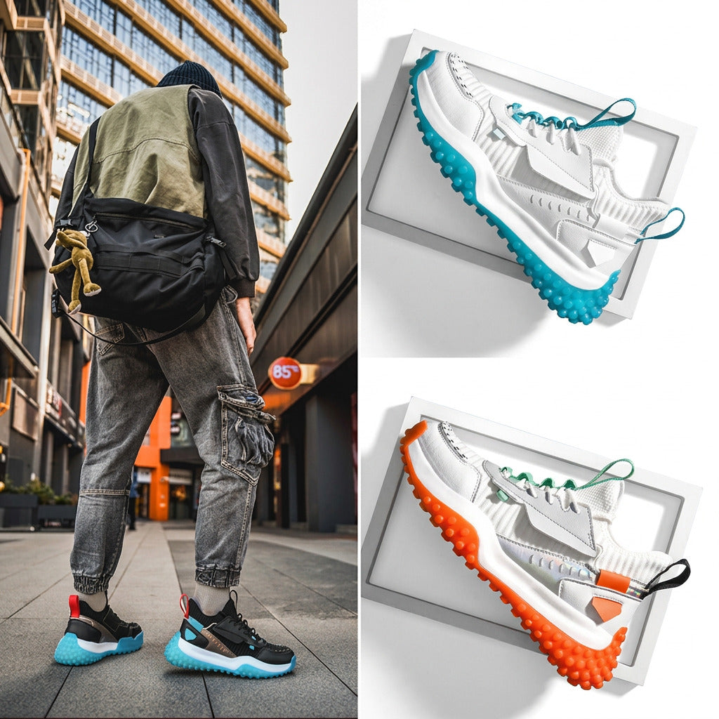 Top-down view of spring and summer running sneakers.