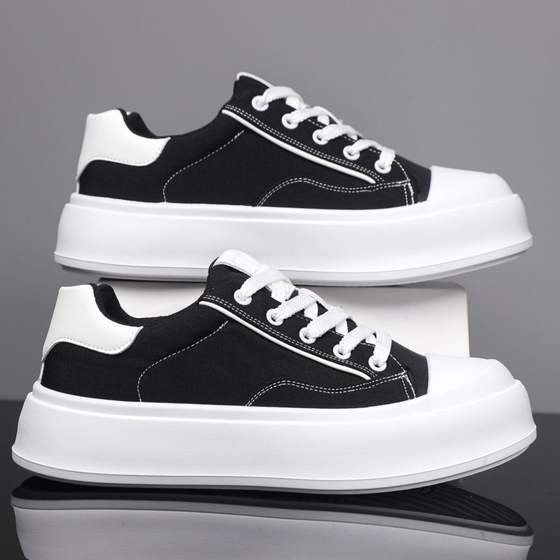 Full-length shot highlighting men's casual platform fashion sneakers styled for daily wear.